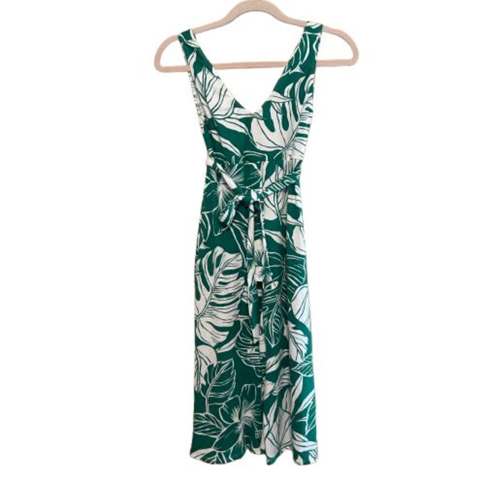 NWT Green Tropical Belted Jersey Knit Dress Women XS Beach Vacation Resort